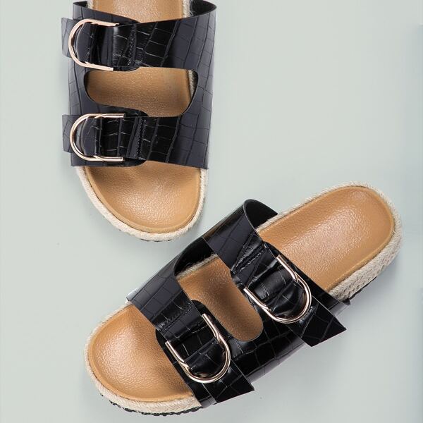 Alligator Detail Two Buckle Band Slide Sandals, Black