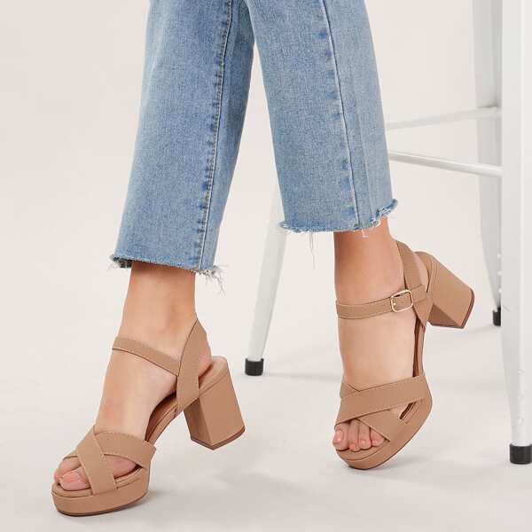 Open Toe X Band Platform Block Heel Sandals, Brown
