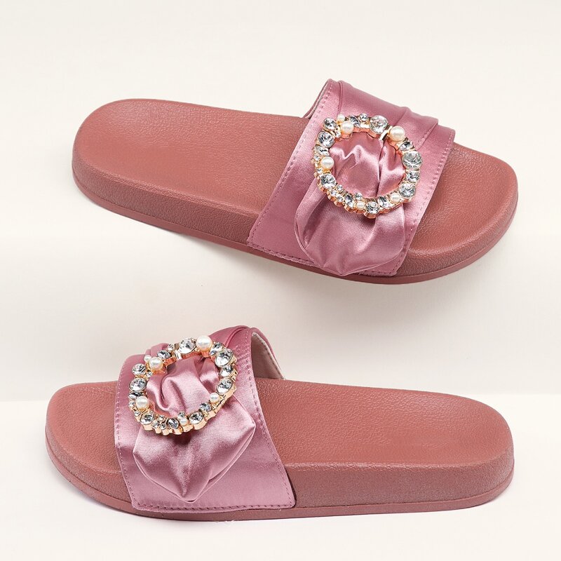 Rhinestone Buckled Satin Band Footbed Sandals, Pink 
Rhinestone Buckled Satin Band Footbed Sandals, Pink