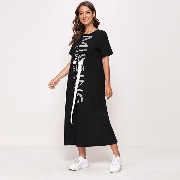 Letter Graphic Buckle Belt Dress, Black