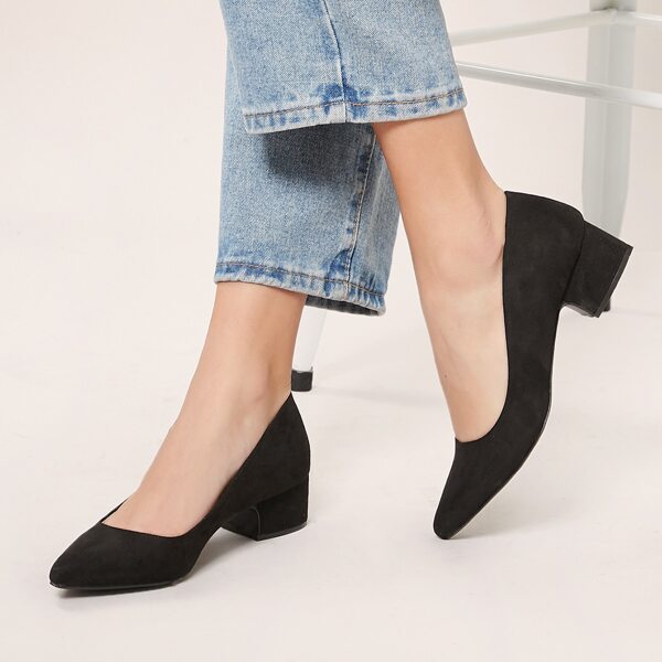 Pointed Toe Low Block Heel Pumps, Black