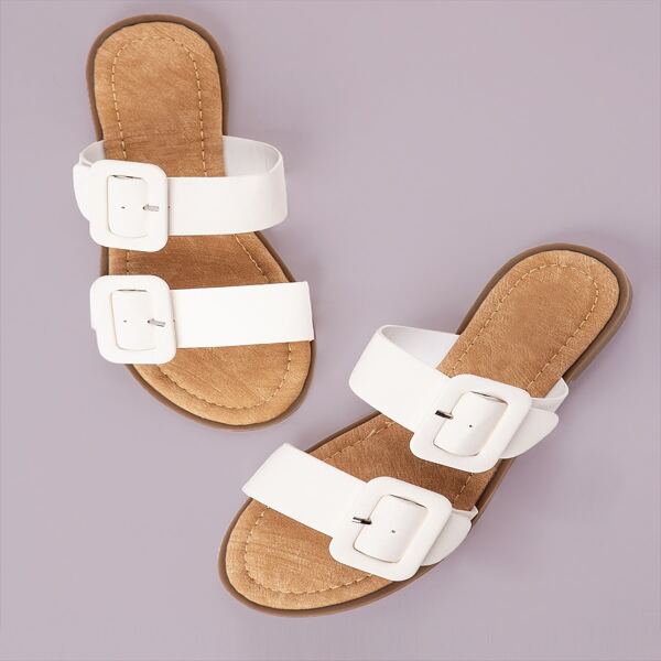 Open Toe Twin Buckle Band Flat Slide Sandals, White
