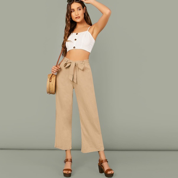Waist Tie Wide Leg Palazzo Pants, Khaki