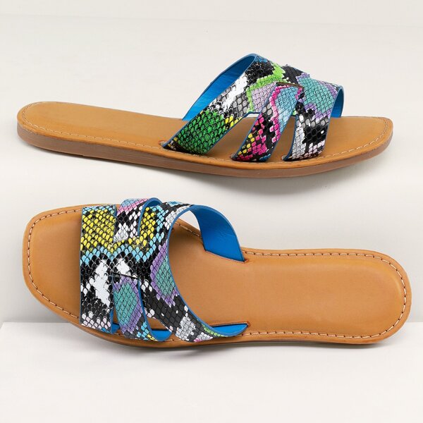 Snake Print Square Open Toe Slide Sandals, Multicolor