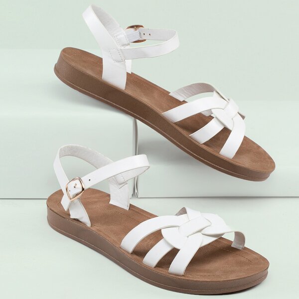 Open Toe Interlinked Detail Buckled Ankle Sandals, White 
Open Toe Interlinked Detail Buckled Ankle Sandals, White