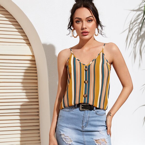 Контрастный топ в полоску с пуговицами, Многоцветный 
Контрастный топ в полоску с пуговицами, Многоцветный
