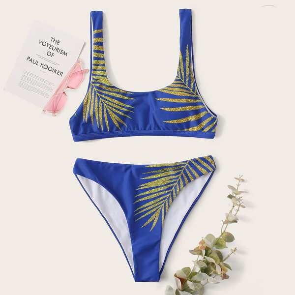 Palm Leaf Print High Cut Bikini Swimsuit, Blue 
Palm Leaf Print High Cut Bikini Swimsuit, Blue