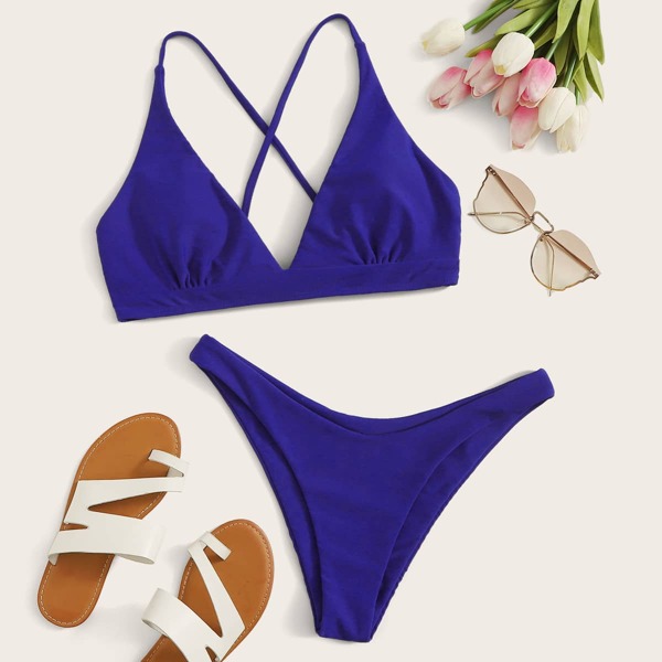 Criss Cross High Cut Bikini Swimsuit, Blue