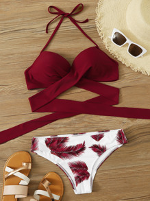 Shein Swim Vcay Conjunto De Bikini Con Estampado De Hojas Sujetador Halter Con Lazo En La Parte