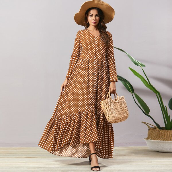 Polka Dot Ruffle Hem Maxi Dress, Brown 
Polka Dot Ruffle Hem Maxi Dress, Brown