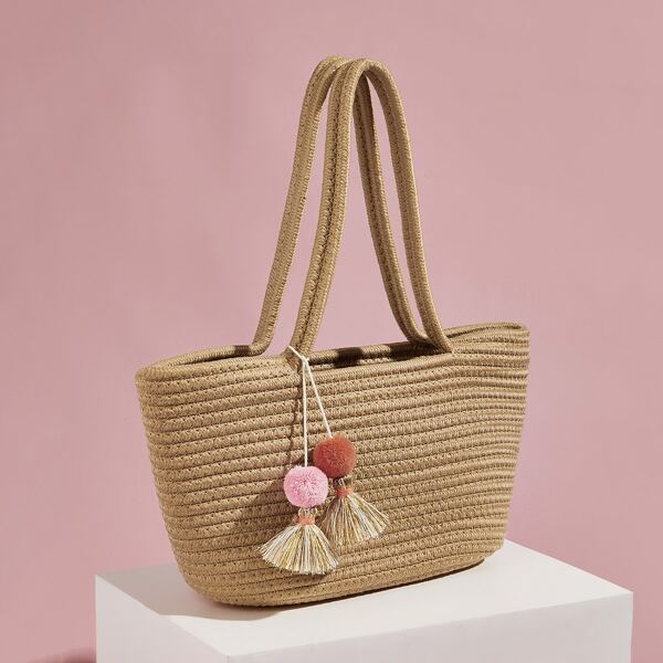 Tassel & Pom-pom Decor Woven Tote Bag, Brown
Tassel & Pom-pom Decor Woven Tote Bag, Brown