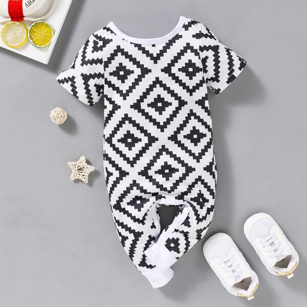 Baby Boy Geo Print Jumpsuit, Black and white