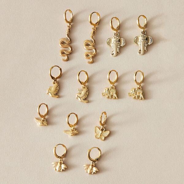 13pcs Elephant & Butterfly Drop Earrings, Gold