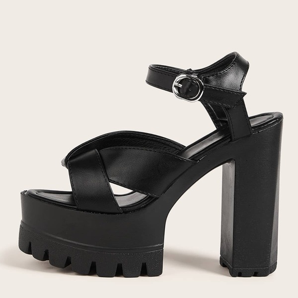 Twist Strap Ankle Strap Platform Chunky Heels, Black
