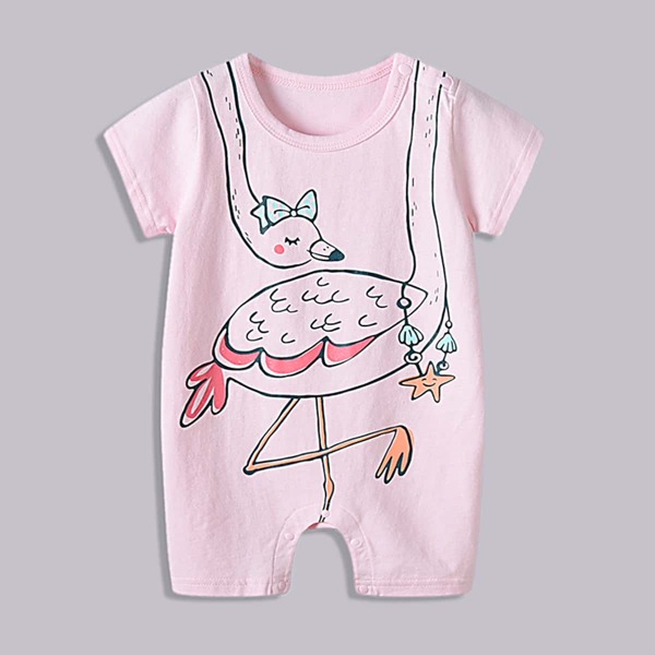 Baby Girl Flamingo Print Popper Tee Romper, Pink