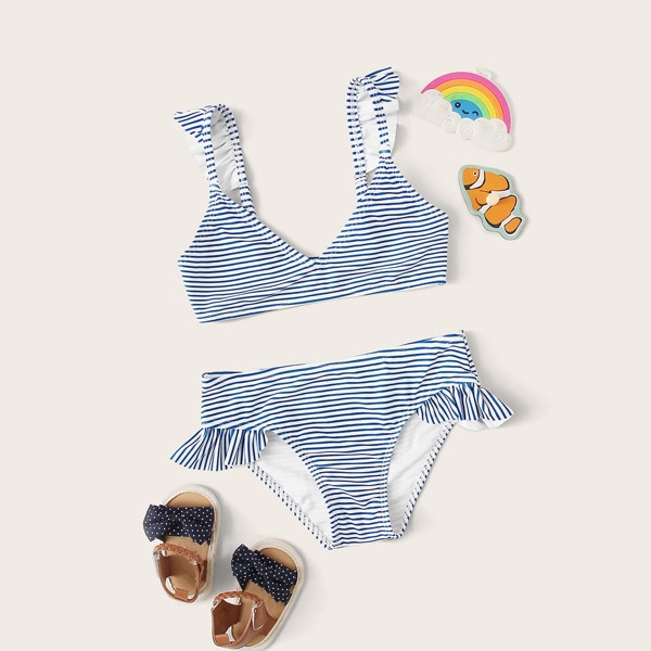 Girls Striped Ruffle Trim Bikini, Blue