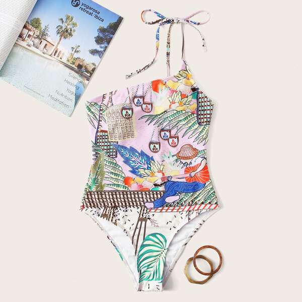 Слитный купальник на одно плечо с графическим принтом, Многоцветный
Слитный купальник на одно плечо с графическим принтом, Многоцветный