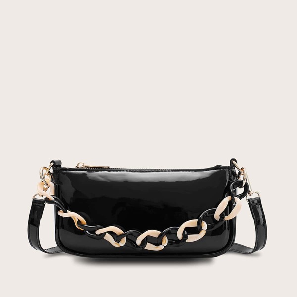 Сумка-бакет из лакированной кожи с ручкой на цепочке, Чёрный 
Сумка-бакет из лакированной кожи с ручкой на цепочке, Чёрный