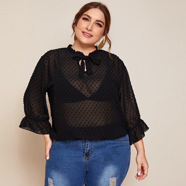 Прозрачная блуза размера плюс с вырезом-бантом без бюстгальтера, Чёрный
Прозрачная блуза размера плюс с вырезом-бантом без бюстгальтера, Чёрный