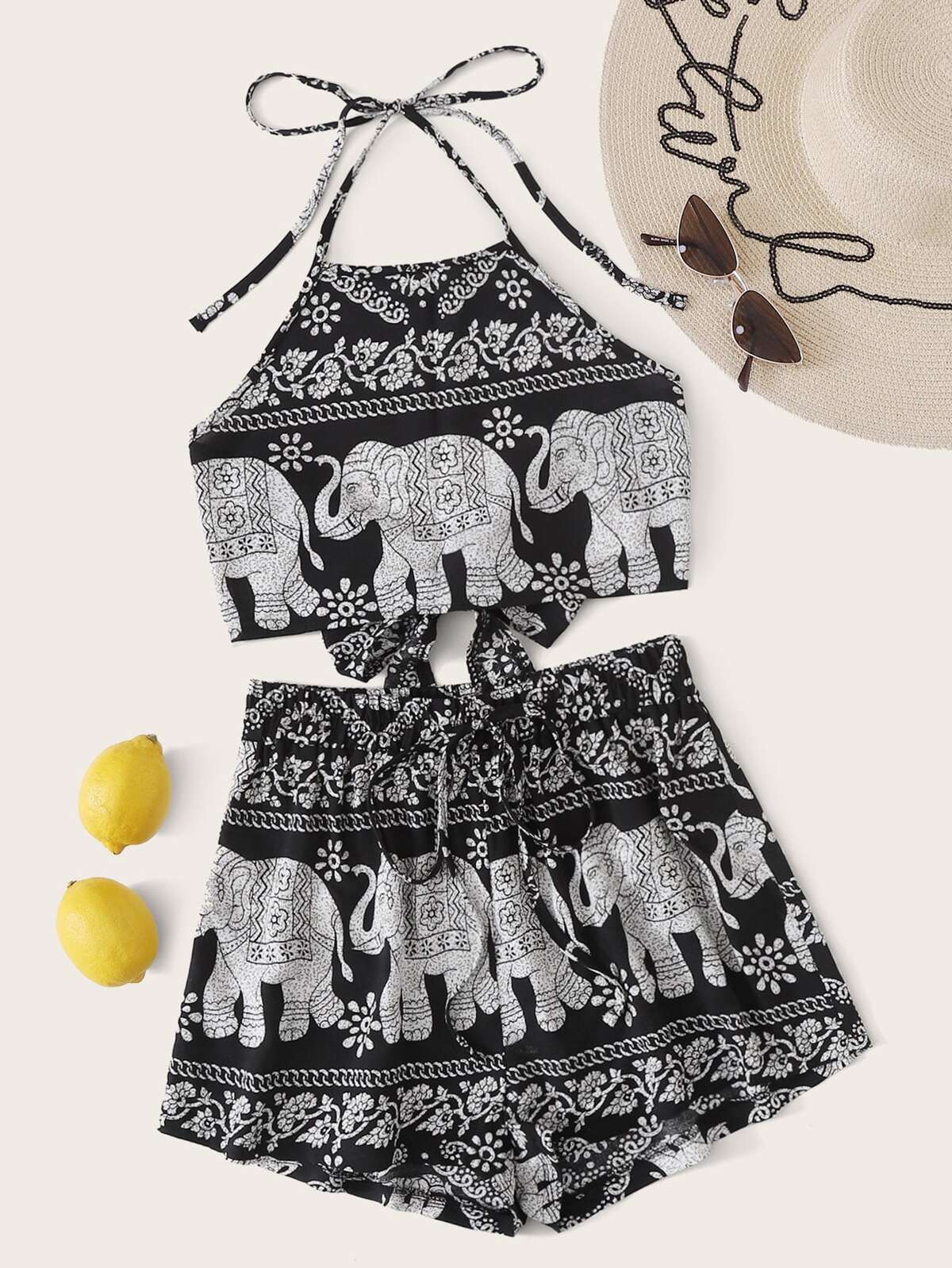 Elephant & Tribal Print Tie Back Halter Top With Shorts