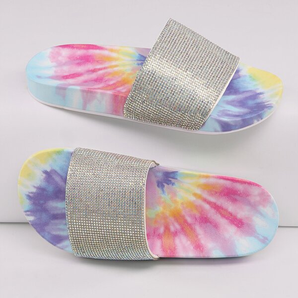 Rhinestone Pave Band Tie Dye Sole Slide Sandals, Multicolor