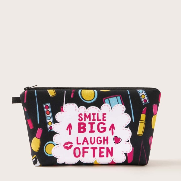 Lipstick & Letter Graphic Makeup Bag, Multicolor