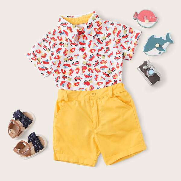 Шорты и рубашка с мультяшным принтом для мальчиков, Многоцветный 
Шорты и рубашка с мультяшным принтом для мальчиков, Многоцветный