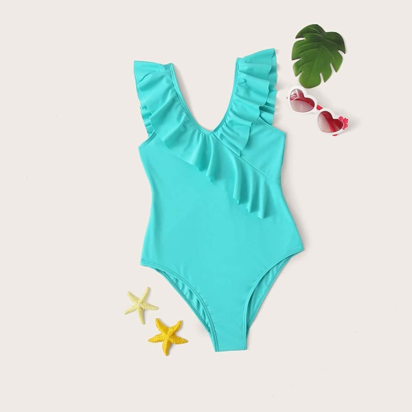 Girls Ruffle Trim One Piece Swimsuit, Green
Girls Ruffle Trim One Piece Swimsuit, Green