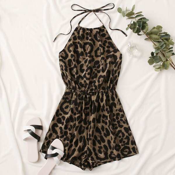 Tie Back Leopard Halter Romper, Multicolor
