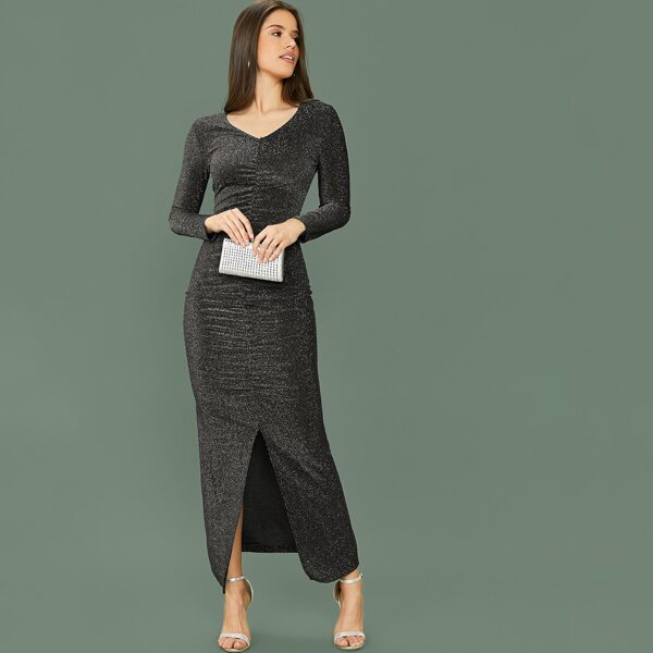 Split Hem Ruched Glitter Dress, Grey