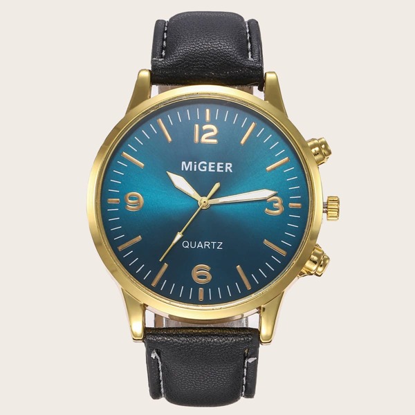 Men PU Strap Round Pointer Watch