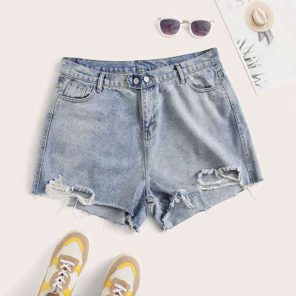 Plus Ripped Washed Denim Shorts, Blue