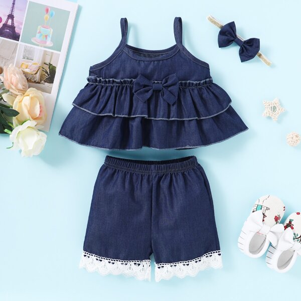 Toddler Girls Bow Front Ruffle Hem Denim Cami Top & Denim Shorts & Headband, Navy blue
Toddler Girls Bow Front Ruffle Hem Denim Cami Top & Denim Shorts & Headband, Navy blue