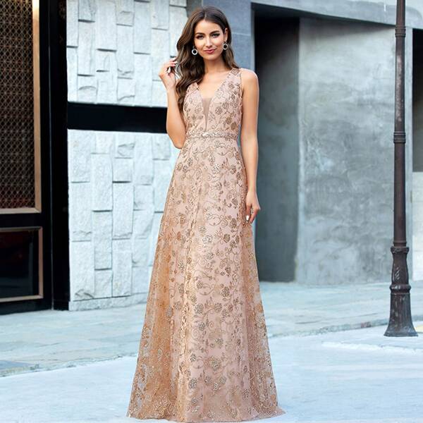 Zip Back Glitter Mesh Maxi Prom Dress, Pink