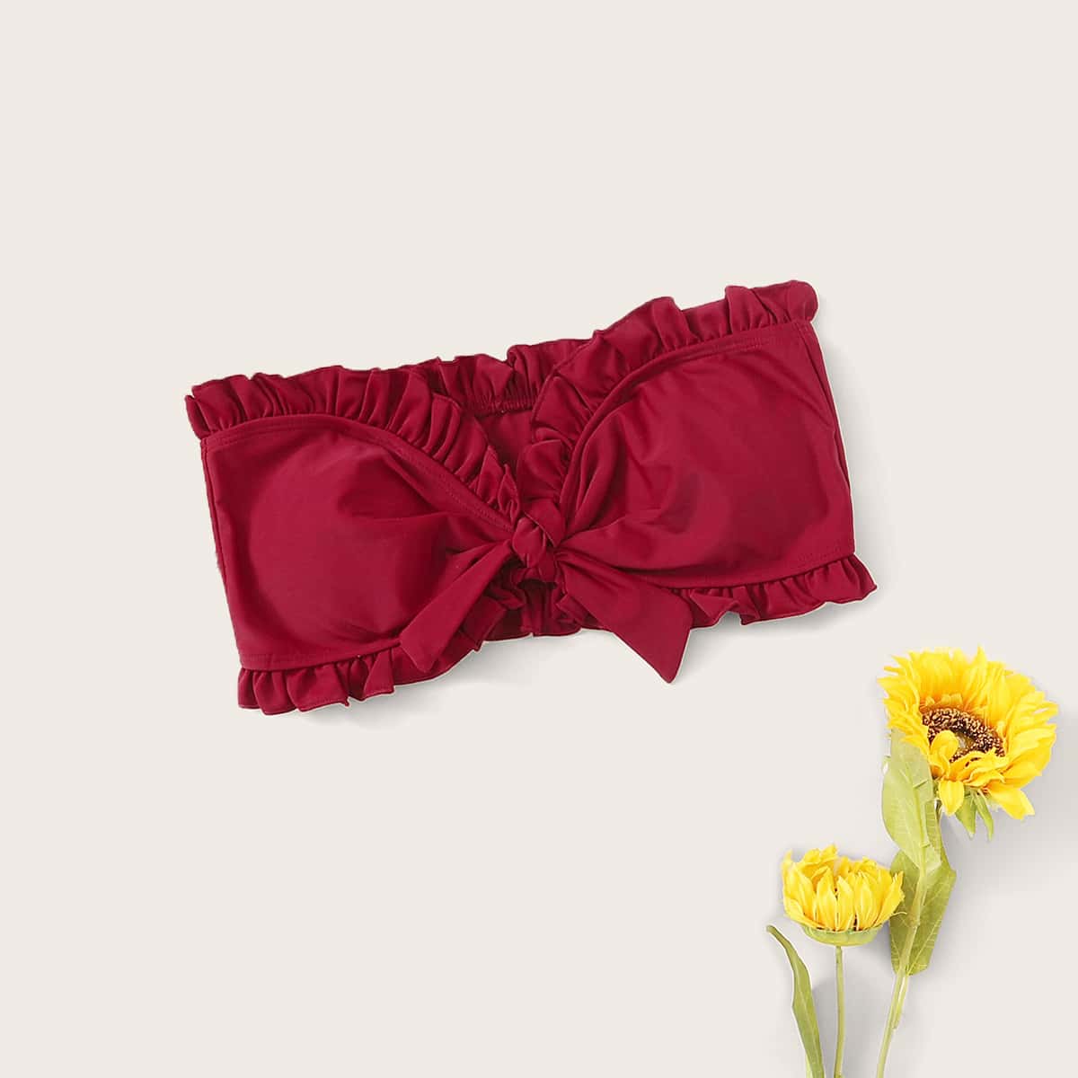 Frill Trim Knot Front Bandeau Bikini Top, Red 
Frill Trim Knot Front Bandeau Bikini Top, Red
