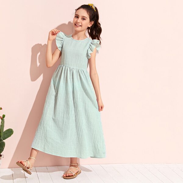 Girls Ruffle Armhole Striped Dress, Green