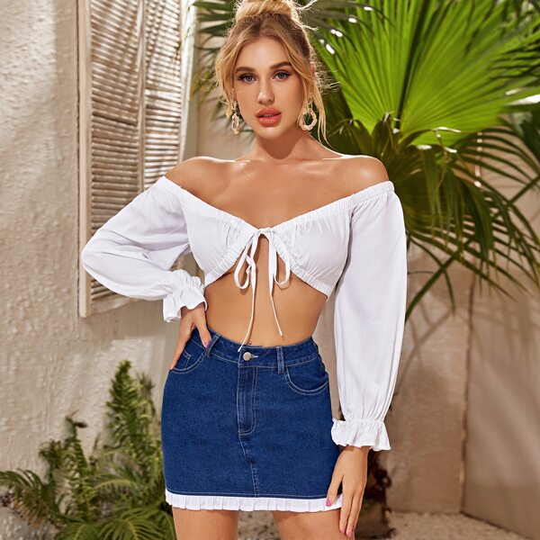 Tie Front Flounce Sleeve Crop Top, White