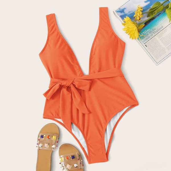 Knot Waist Plunging One Piece Swimsuit, Orange
Knot Waist Plunging One Piece Swimsuit, Orange