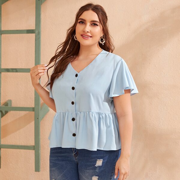 Plus Button Front Peplum Blouse, Blue