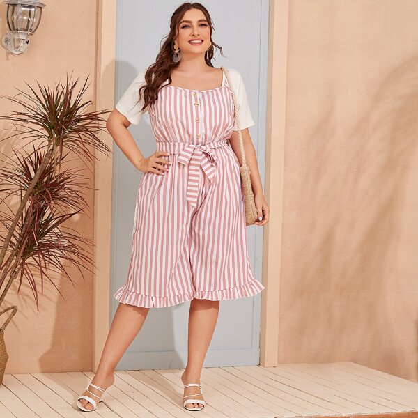 Полосатый комбинезон размера плюс с поясом и пуговицами, Розовые
Полосатый комбинезон размера плюс с поясом и пуговицами, Розовые