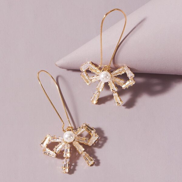1pair Rhinestone Engraved Bow Decor Earrings, Gold