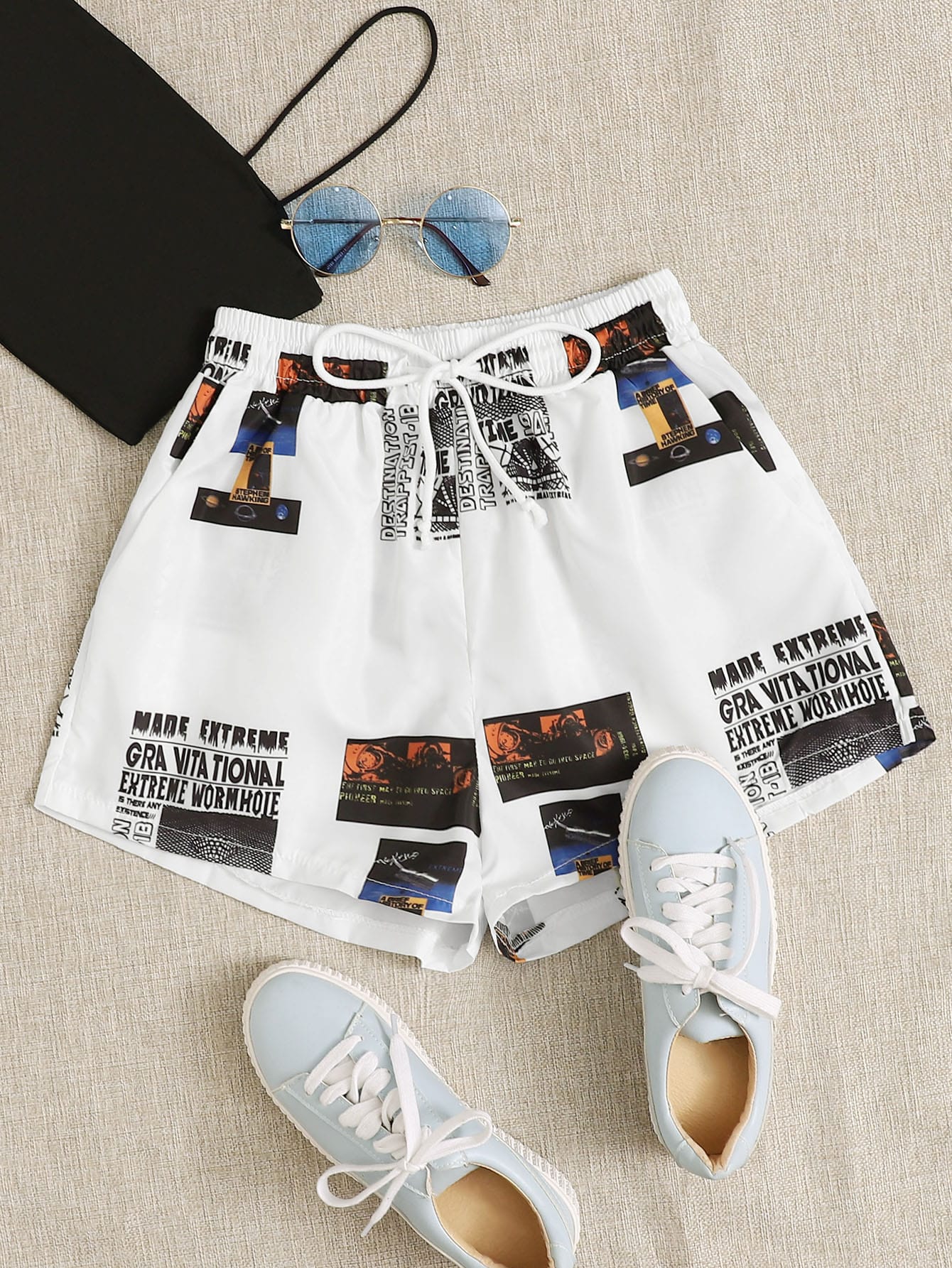 Newspaper Print Slant Pocket Drawstring Shorts