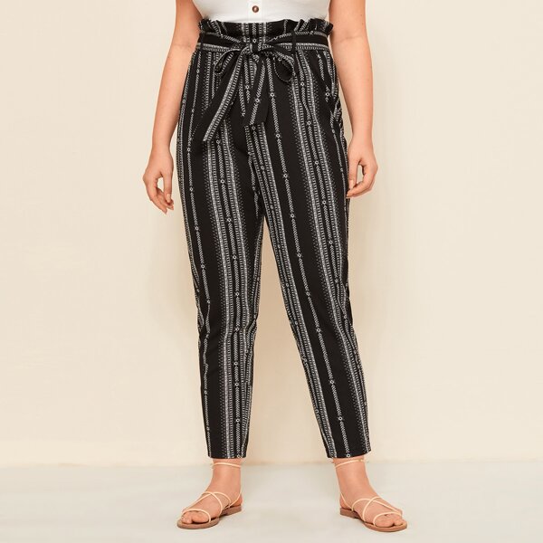 Plus Paperbag Waist Self Belted Tribal Pants, Black and white