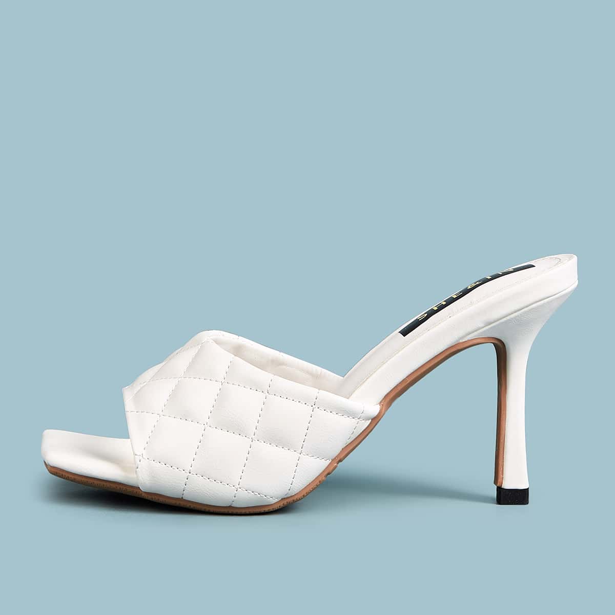 Open Toe Quilted Stiletto Heels, White 
Open Toe Quilted Stiletto Heels, White