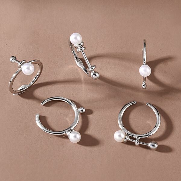5pcs Faux Pearl Thin Ring, Silver