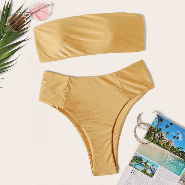 Бикини без бретелек с высокой талией, Золотистый 
Бикини без бретелек с высокой талией, Золотистый