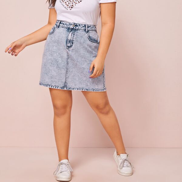 Plus Bleach Wash Denim Skirt, Blue pastel