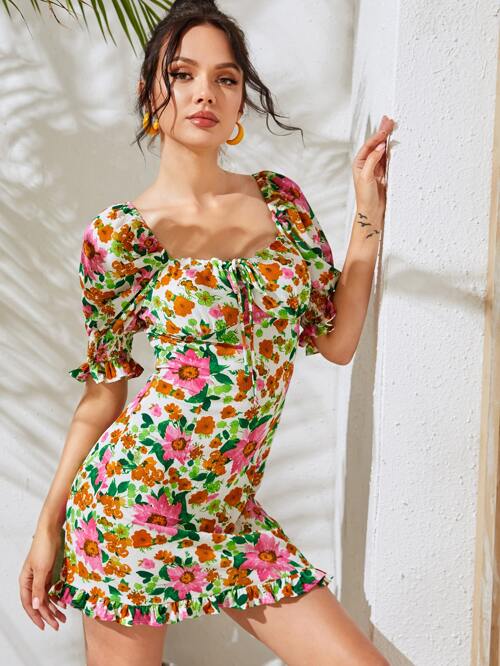Tie Front Shirred Sleeve Ruffle Hem Floral Print Milkmaid Dress