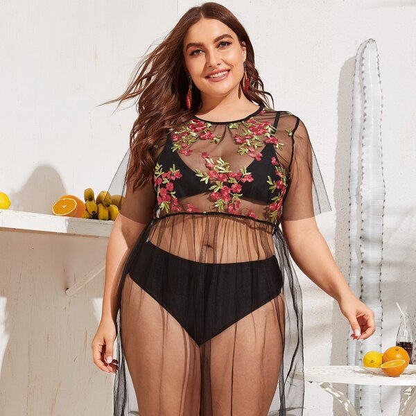 Plus Floral Embroidered Mesh Cover Up, Black