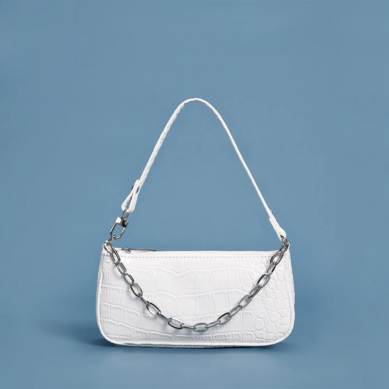 Croc Embossed Baguette Bag, White 
Croc Embossed Baguette Bag, White